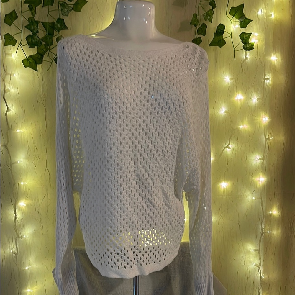 Express White Crew Neck Sweater with Textured Knit